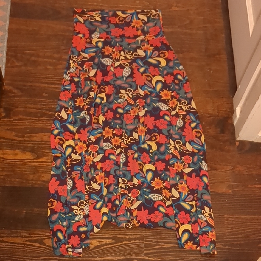 LuLaRoe Maxi Skirt in Navy with Red, Yellow & Blue Floral Print